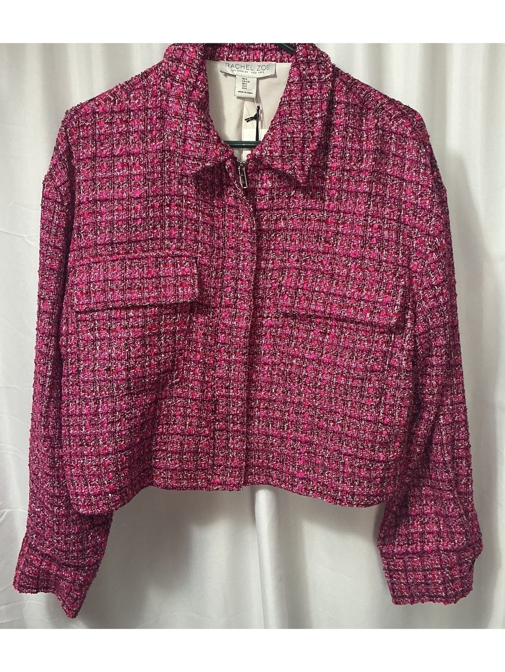 NWT Rachel Zoe Pink Tweed Cropped Jacket Size L Zip Front Casual preppy office